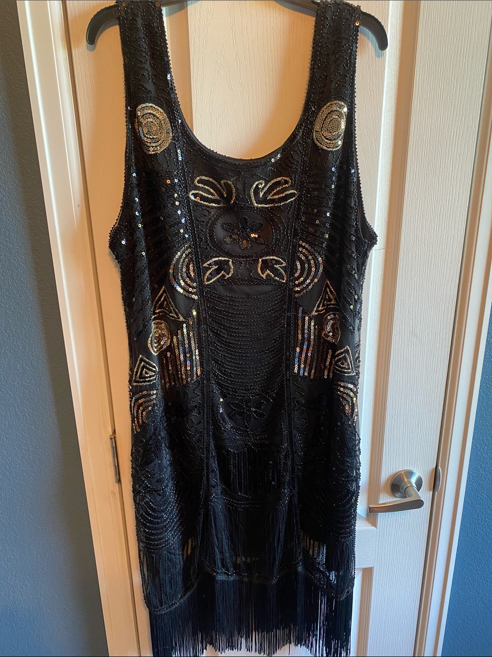 Unique Vintage Black Beaded Fringe Flapper Midi Dress with Gold Accents